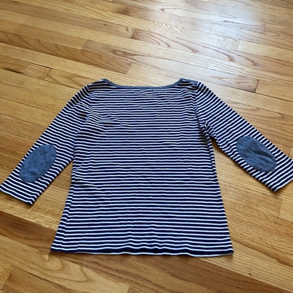 Jones NY navy white stripe 3/4 sleeve top denim chambray elbow patches boat neck - Picture 2 of 6